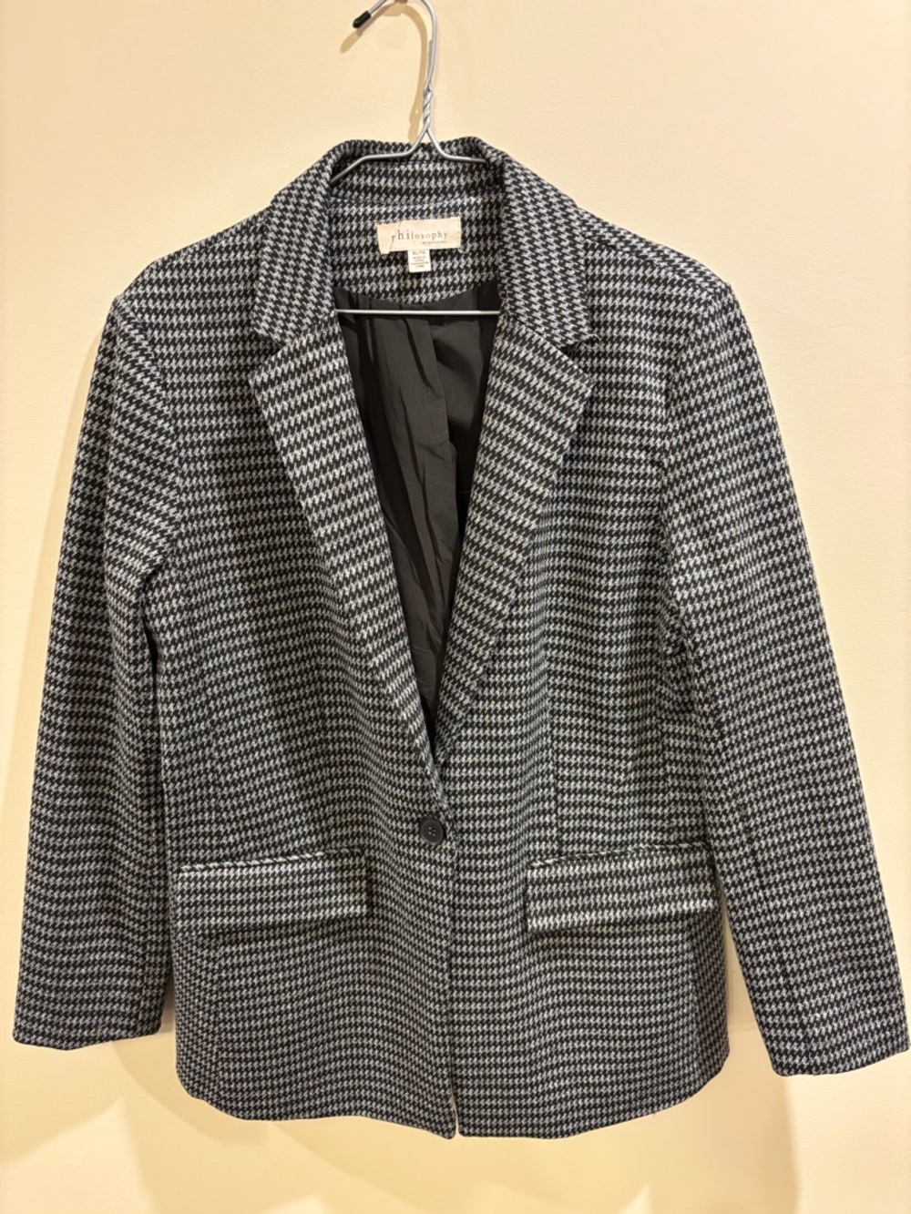 Philosophy Black and Gray Houndstooth Single-Button Blazer machine washable
